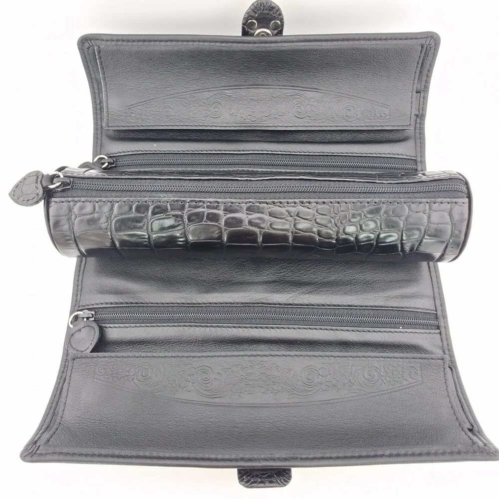 BRIGHTON Travel Jewelry Organizer Bag Roll Black Leather Heart Silver Gold Plate